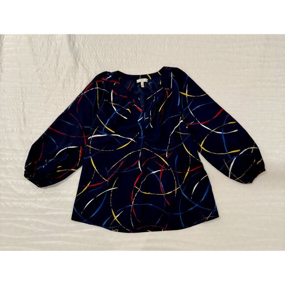 Joie Georgette Blouse Navy Blue Women’s Small Abstract Art Wear Artsy Statement - Picture 5 of 15